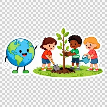 Earth Day flat vector sticker  - smiling planet Earth with children plantin.. Stock Illustration