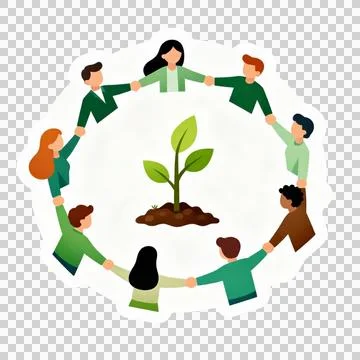 Earth Day flat vector sticker  - sticker showing people planting trees together Illustrazione stock