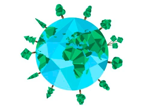 Earth Day.  Low poly planet and polygonal trees. World Environment Day. Vec.. Stock Illustration