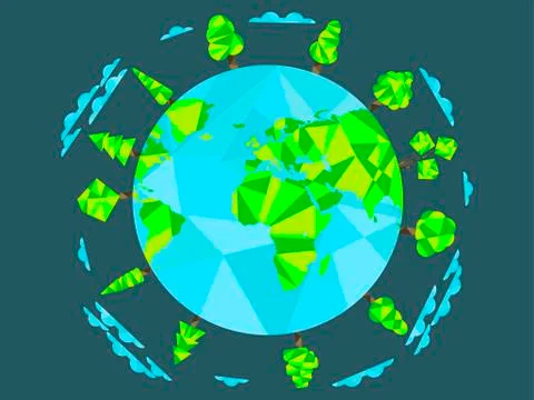 Earth Day.  Low poly planet and polygonal trees. World Environment Day. Vec.. 스톡 일러스트