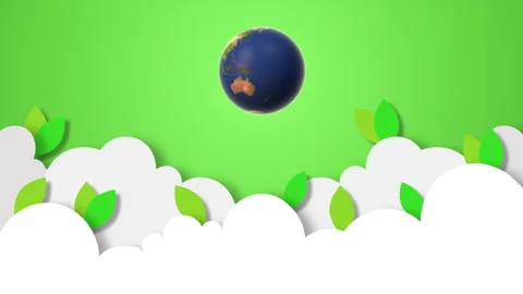 Earth day paper cut clouds with green leaves and globe Video stock 268792205