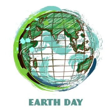 Earth day poster with earth globe. Hand drawn grunge style art. Stock Illustration