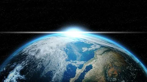 Earth in deep space with lighting sunlight. Group of stars on black backgro.. Stock Photos