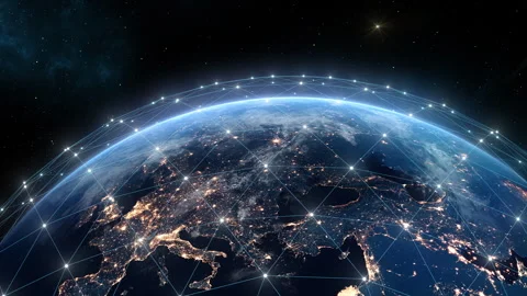 Earth Defense System Grid over Planet. Worldwide Internet Network, Digital Stock Footage 302567915