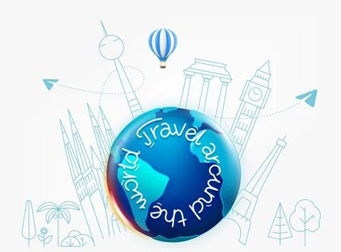 The Earth with different travel elements vector illustration. Travel around.. Illustrazione stock