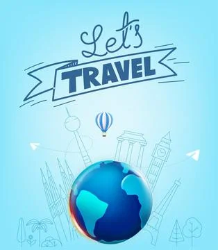 The Earth with different travel elements vector illustration. World travel .. Stock-Illustration