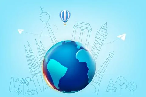 The Earth with different travel elements vector illustration. World travel .. Stock-Illustration