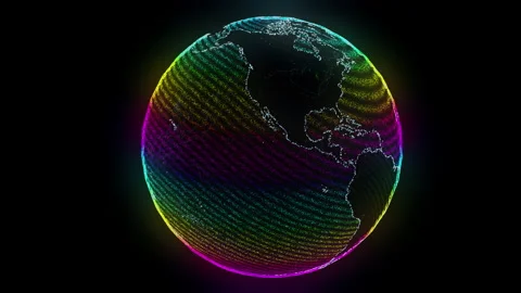Earth with digital rainbow patterns Matrix style Animation  4K UHD Stock Footage 230636949