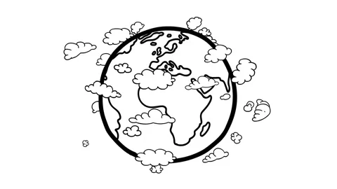 Earth doodle crazy cartoon with clouds black and white version. Stock Footage 144685167
