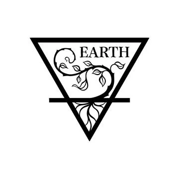 Earth element  Inverted triangle with vine, roots, and text "EARTH" Ilustración de archivo