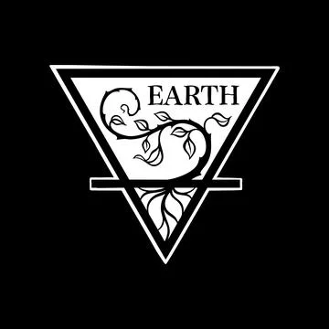 Earth element inverted triangle with vine, roots, and text EARTH Stock Illustration