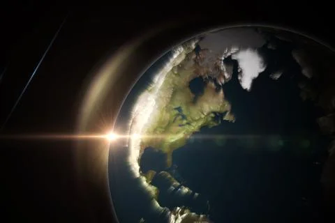 Earth emerging in space 3D render, featuring clouds, atmospheric glow and solar Illustrazione stock