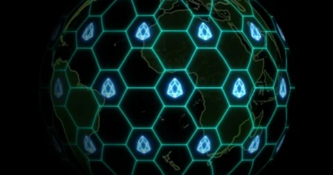 Earth is entangled by EOS (EOS) blockchain network. Blockchain concept Stock Footage 102623409