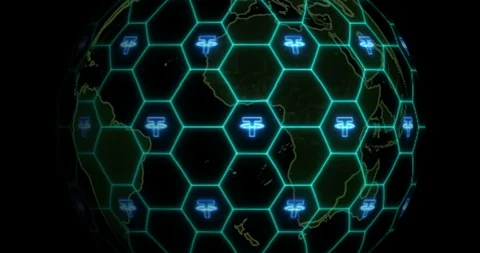 Earth is entangled by Tether (USDT) blockchain network. Blockchain concept Stock Footage 102371945