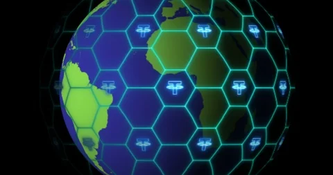 Earth is entangled by Tether (USDT) blockchain network. Blockchain concept Stock Footage 102373428