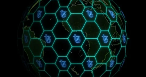 Earth is entangled by Tezos (XTZ) blockchain network. Blockchain concept Stock Footage 102653127