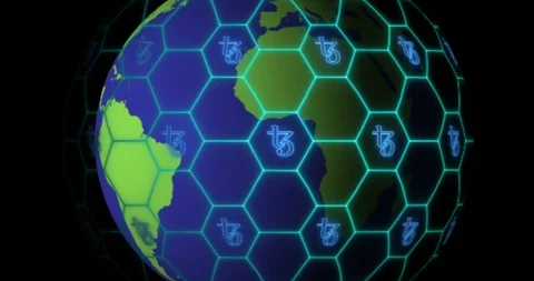 Earth is entangled by Tezos (XTZ) blockchain network. Blockchain concept Stock Footage 102653772