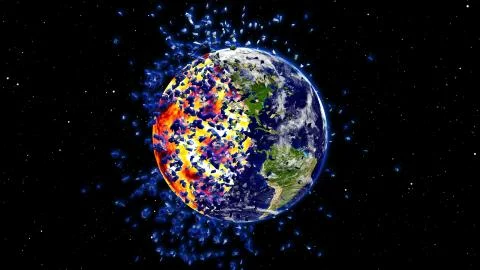 Earth exploding after a global disaster, Apocalypse asteroid impact globe. Stock Illustration
