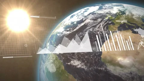 Earth filling frame grid rising at limb overlays sliding graphs reshaping tech Stock Footage 332285445