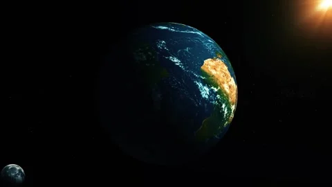 Earth floating in dark space with sunlight on the edge and a small moon in .. Видео 340383026