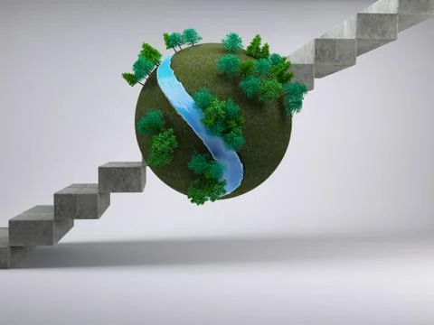 Earth floating in front of stairs Stock Illustration