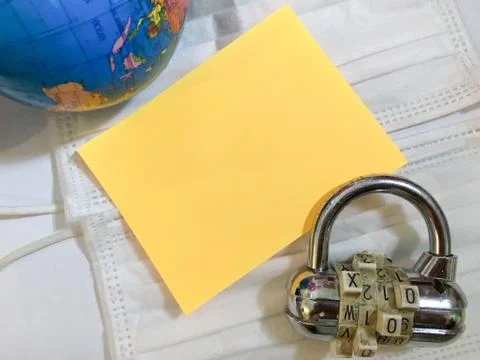 Earth global worldwide lockdown with text space on white globe combination Stock Photos