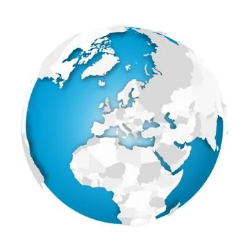 Earth globe. 3D world map with grey political map of countries dropping shadows Illustrazione stock