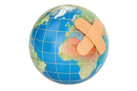 Earth globe with adhesive plaster, 3D rendering Illustrazione stock