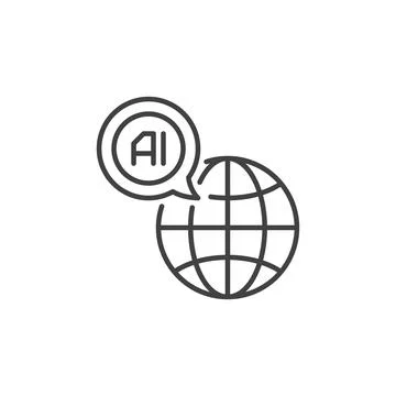 Earth Globe with AI Speech Bubble vector Artificial Intelligence line icon Stock Illustration