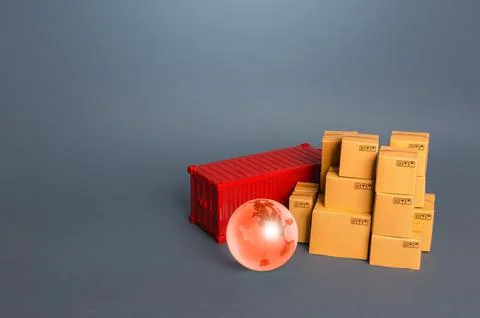Earth globe and boxes with container. Trade and transportation of goods. Busi Stock Photos