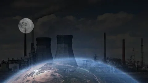 Earth Globe and Moon Over Industrial Factory Smokestacks Stock Footage 336478956
