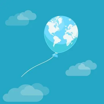 Earth globe as balloon with World map flying in sky. Flat vector illustrati.. Stock Illustration