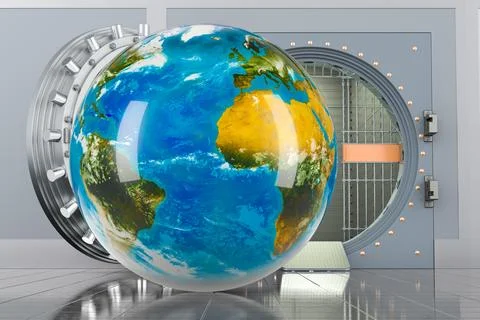 Earth Globe with bank vault. Security and protection concept, 3D rendering Ilustración de archivo