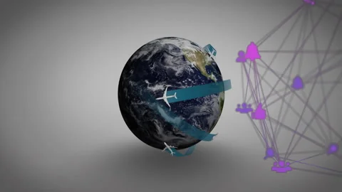 Earth globe being animated with orbiting planes and network node icons in 3D Stock Footage 309287307