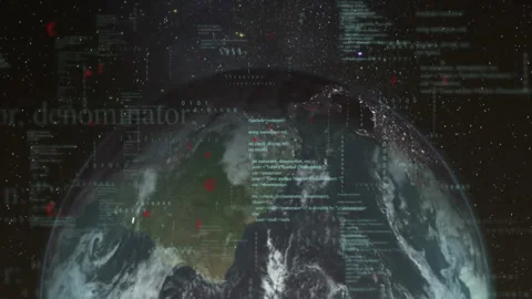 Earth globe being visualized in low orbit, with swirling clouds and floating Video stock 309110980