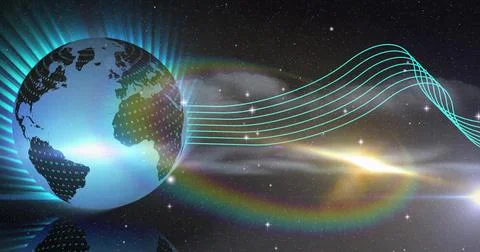 Earth globe with binary overlay rotating in starfield, turquoise streams, lens 写真素材