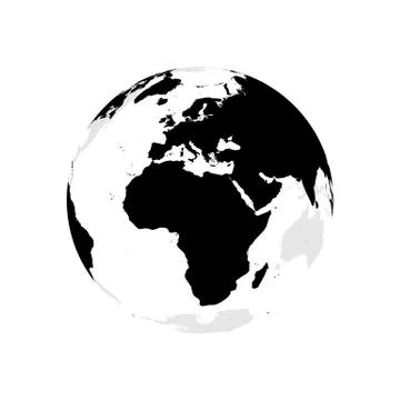 Earth globe with black world map. Focused on Africa and Europe. Flat vector Stock Illustration