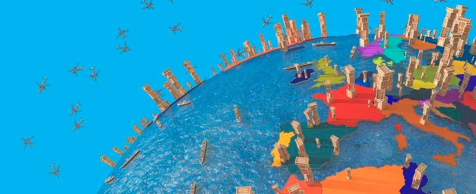 Earth globe, boxes and planes, transportation concept Stock Illustration
