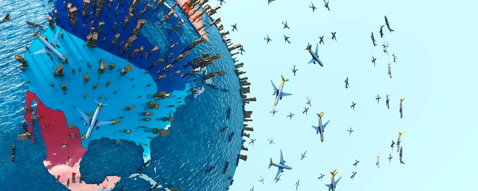 Earth globe, boxes and planes, transportation concept Stock Illustration