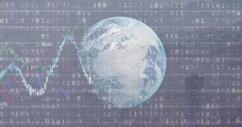 Earth globe centering, binary digits scrolling, starting charts drawing from 库存影片 321956144