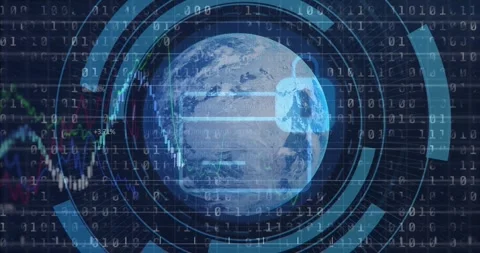 Earth globe centering as binary digits scrolling, HUD rings expanding, padlock 库存影片 331832720