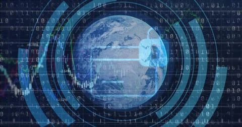 Earth globe centering as binary digits scrolling, HUD rings expanding, padlock Stock Illustration