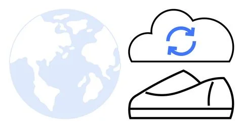 Earth globe, cloud sync icon with blue arrows, sneaker outline. Ideal for glo Stock Illustration