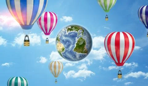 An Earth globe on cloudy sky background surrounded by many large hot air Stock Illustration