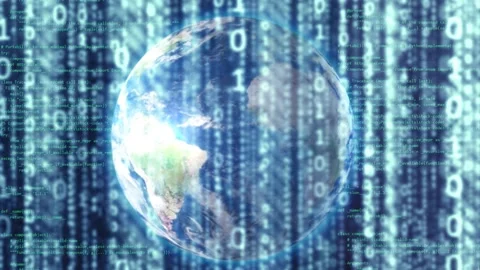 Earth globe, computer code and binary digits, intro for technology news Stock Footage 139961105
