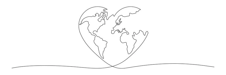 Earth globe continuous line drawing of the heart shape. Stock Illustration