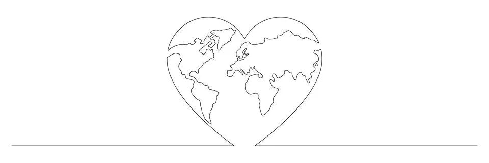 Earth globe continuous line drawing of the heart shape. Stock Illustration