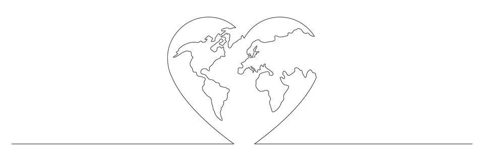 Earth globe continuous line drawing of the heart shape. Stock Illustration