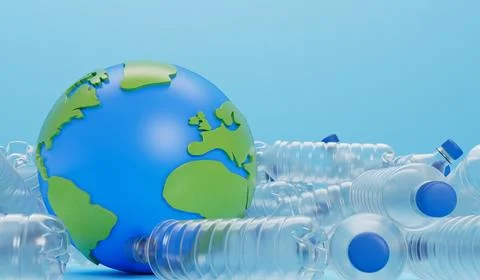 Earth globe with empty plastic bottles. Global plastic pollution concept. 3D Stock Illustration