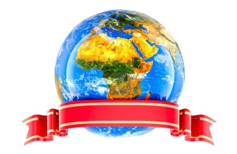 Earth Globe with empty red ribbon banner for text. 3d rendering Earth Glob... Stock Photos